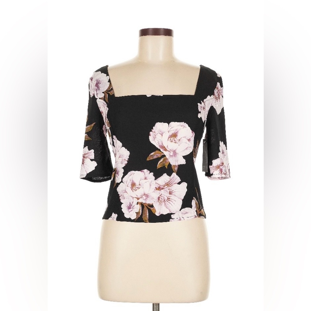 NWT Free Press Black Top with Pink Floral Design
